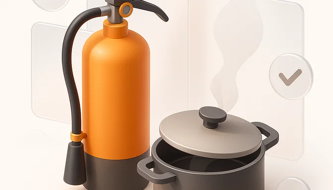 Feuerloescher und Kochtopf als Sofortmassnahmen-Symbol bei Küchenbrand