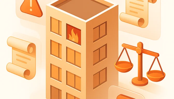 Wohnungstür mit Rußspuren neben einer Schadensakte als Symbol für Mieterhaftung bei Brandschaden