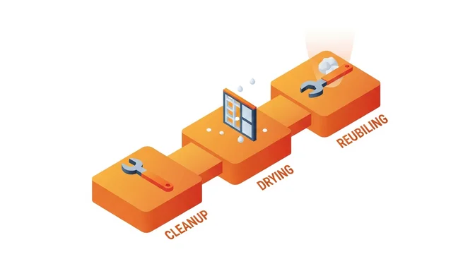 Dreistufiger Sanierungsablauf nach Brandschaden mit Reinigung, Trocknung und Wiederaufbau