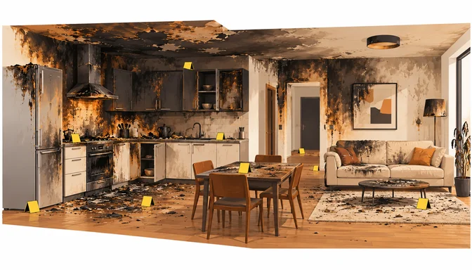 Brandgeschädigter Wohnraum mit Küche, Esstisch und Sofa als schematische Schadensdarstellung
