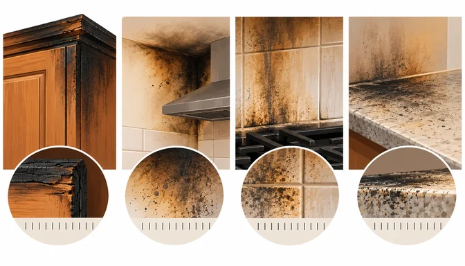 Brandschaden Schadendokumentation mit Rußspuren, Detailaufnahme und Maßstab in einer beschädigten Küche