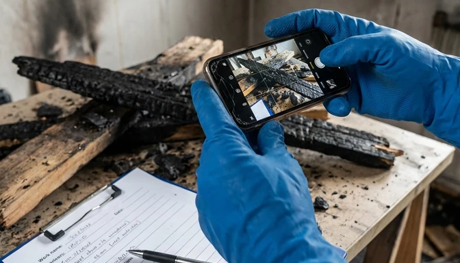 Systematische Dokumentation von Brandschäden in Wohnung mit Kamera