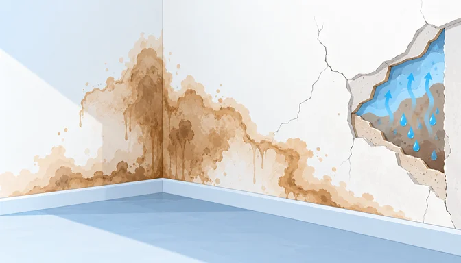 Braune Flecken an der Wand mit dunklem Rand auf hellem Putz