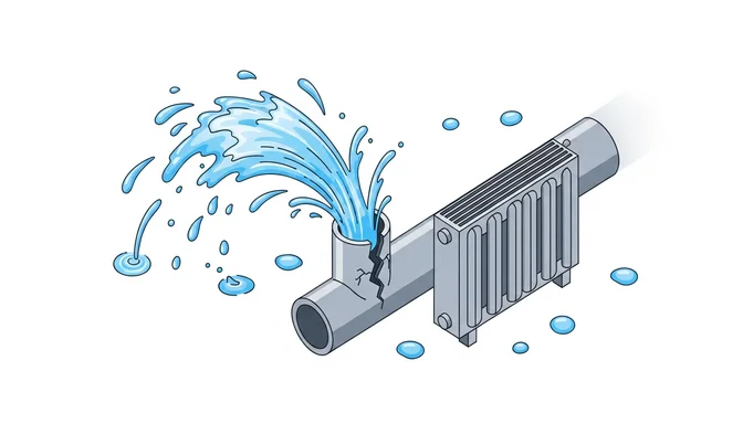 Geplatztes Heizungsrohr mit austretendem Wasser