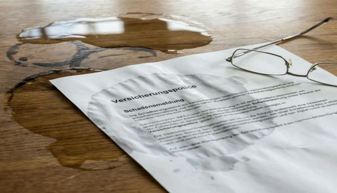 Versicherungsdokument mit Hochwasserschäden im Hintergrund