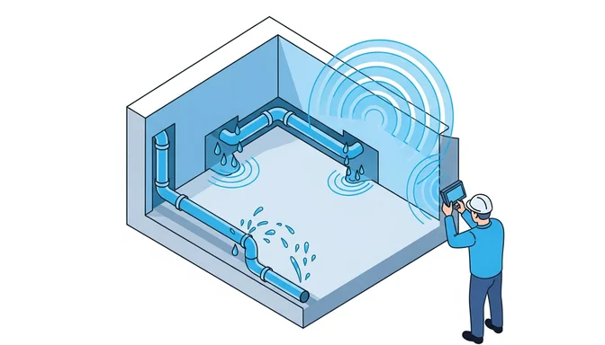 Techniker bei der Leckageortung mit Thermografie-Kamera