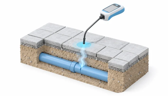Leckortung einer Wasserleitung im Erdreich mit Prüfgas und markierter Fundstelle
