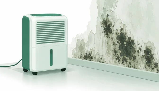Luftentfeuchter gegen Schimmel vor einer feuchten Wand mit dunklen Flecken