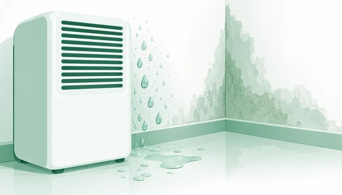 Luftentfeuchter vor einer feuchten Wand mit Schimmel und sichtbarer Kondensation