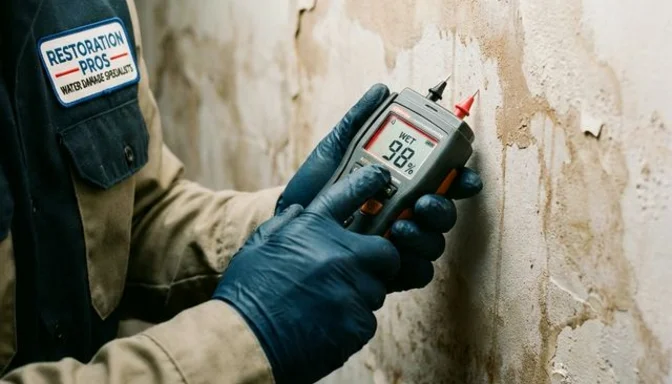 Sanierungstechniker prüft Feuchtigkeit in einer Wand nach Wasserschaden
