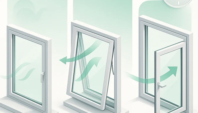 Drei Fenster in unterschiedlichen Lueftungsstellungen mit Luftstrom-Pfeilen