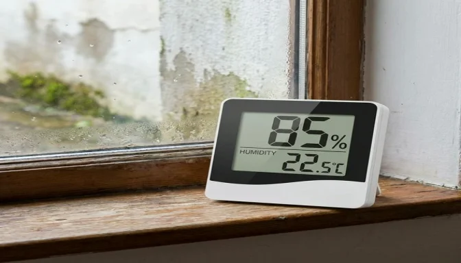 Hygrometer zeigt Luftfeuchtigkeit nach Wasserschaden