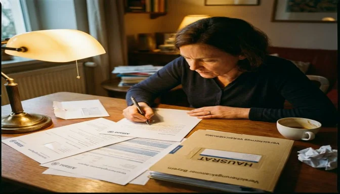 Person schreibt Widerspruchsschreiben an Versicherung mit Dokumenten auf Schreibtisch