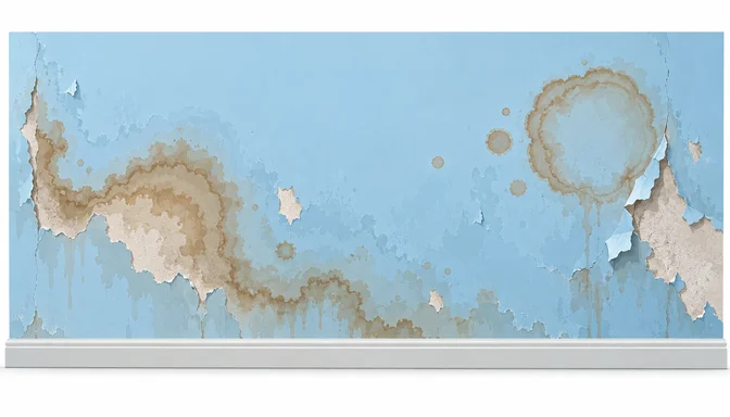 Braune Wasserflecken an einer weißen Wand mit abplatzender Farbe