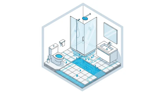 Badezimmer mit Feuchtigkeitsspuren an der Wand neben der Dusche