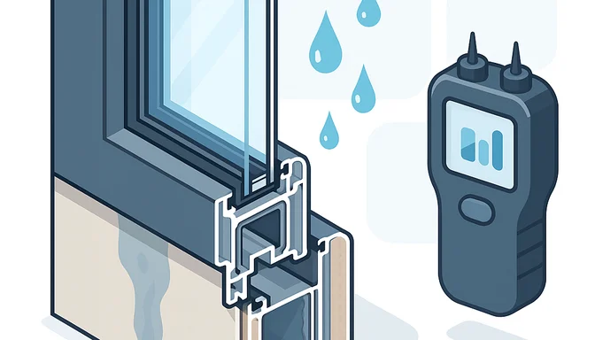 Wasser läuft an undichtem Fenster bei starkem Regen ins Innere mit feuchten Fensterbänken