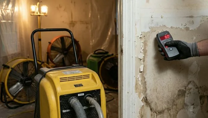 Trocknungsgerät im Einsatz nach einem Wasserschaden mit Feuchtemessung an der Wand
