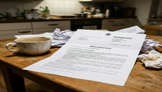 Gerichtliche Mahnung auf Küchentisch nach Wasserschaden